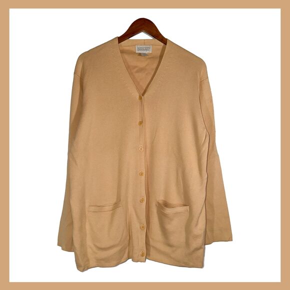 Vintage Lands’ End Tan Cotton Cardigan Button Front Pockets Women’s XL - Picture 1 of 11